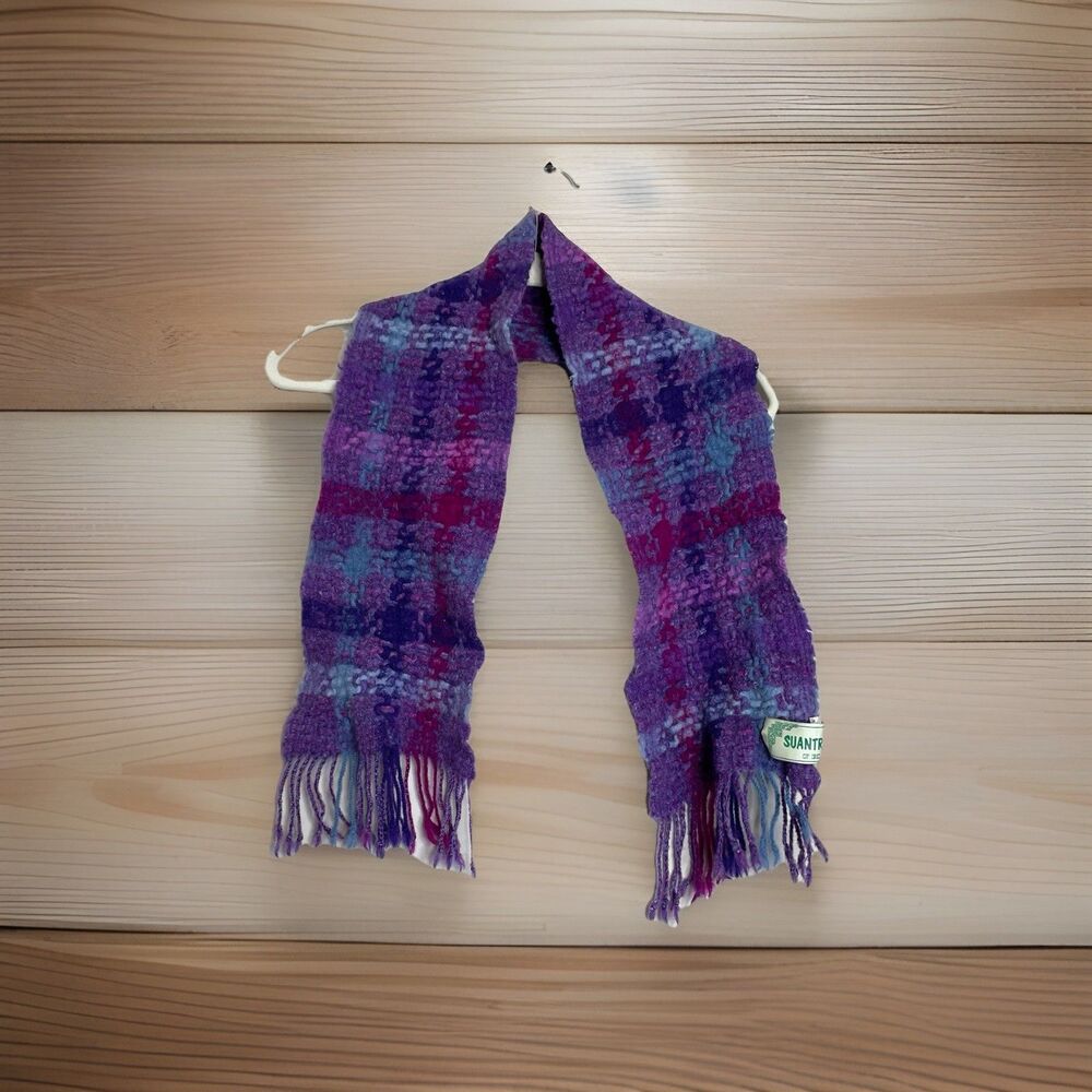 Suantrai Of Ireland Women’s 100% Wool Scarf Purple Fushia Blue Vintage 42”X7”